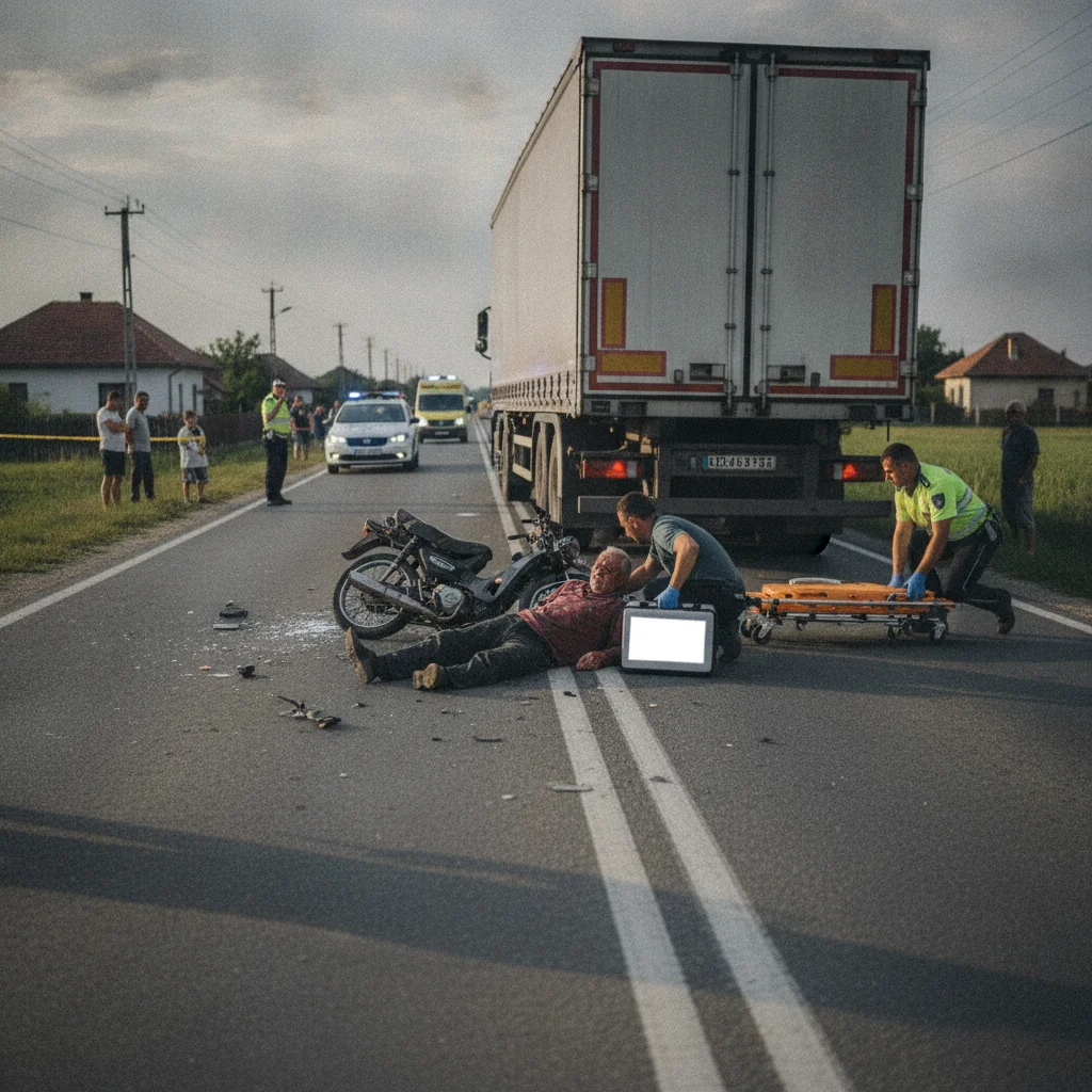 Accident grav la Verești: Mopedist de 80 de ani rănit de TIR