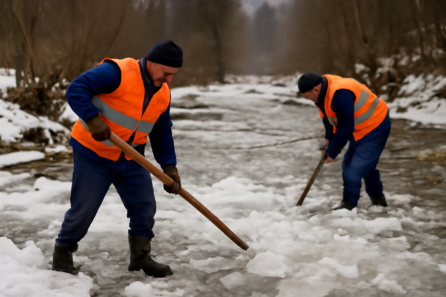 Intervenții la Broșteni, Suceava, pentru spargerea podurilor de gheață de pe pârâul Neagra