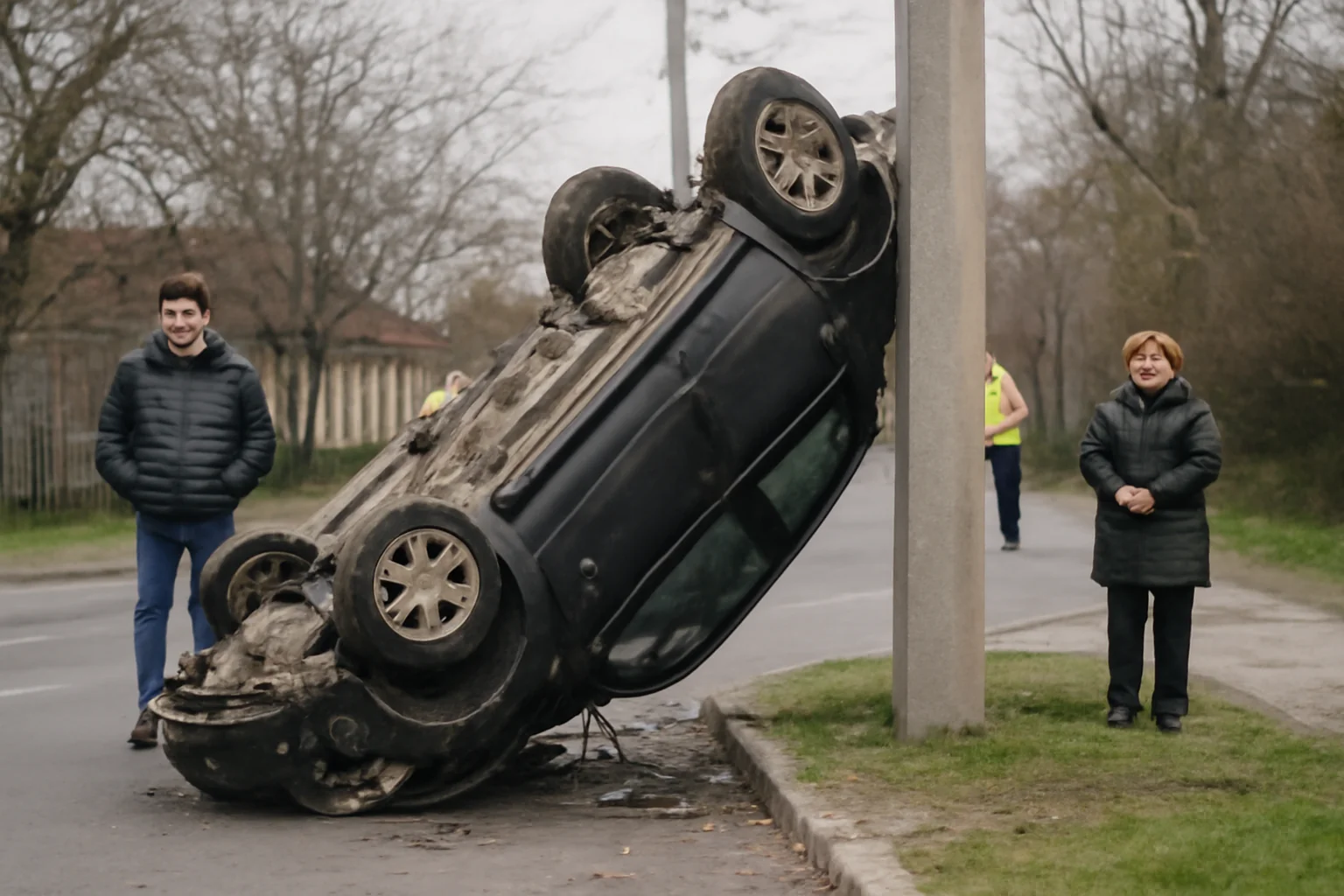 Mașină ajunsă aproape pe verticală după un accident la Ipotești, lângă Suceava