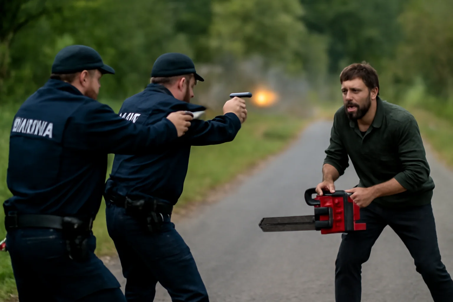 Polițiștii din Suceava folosesc focuri de armă pentru a opri un bărbat agresiv cu drujbă în comuna Ciprian Porumbescu