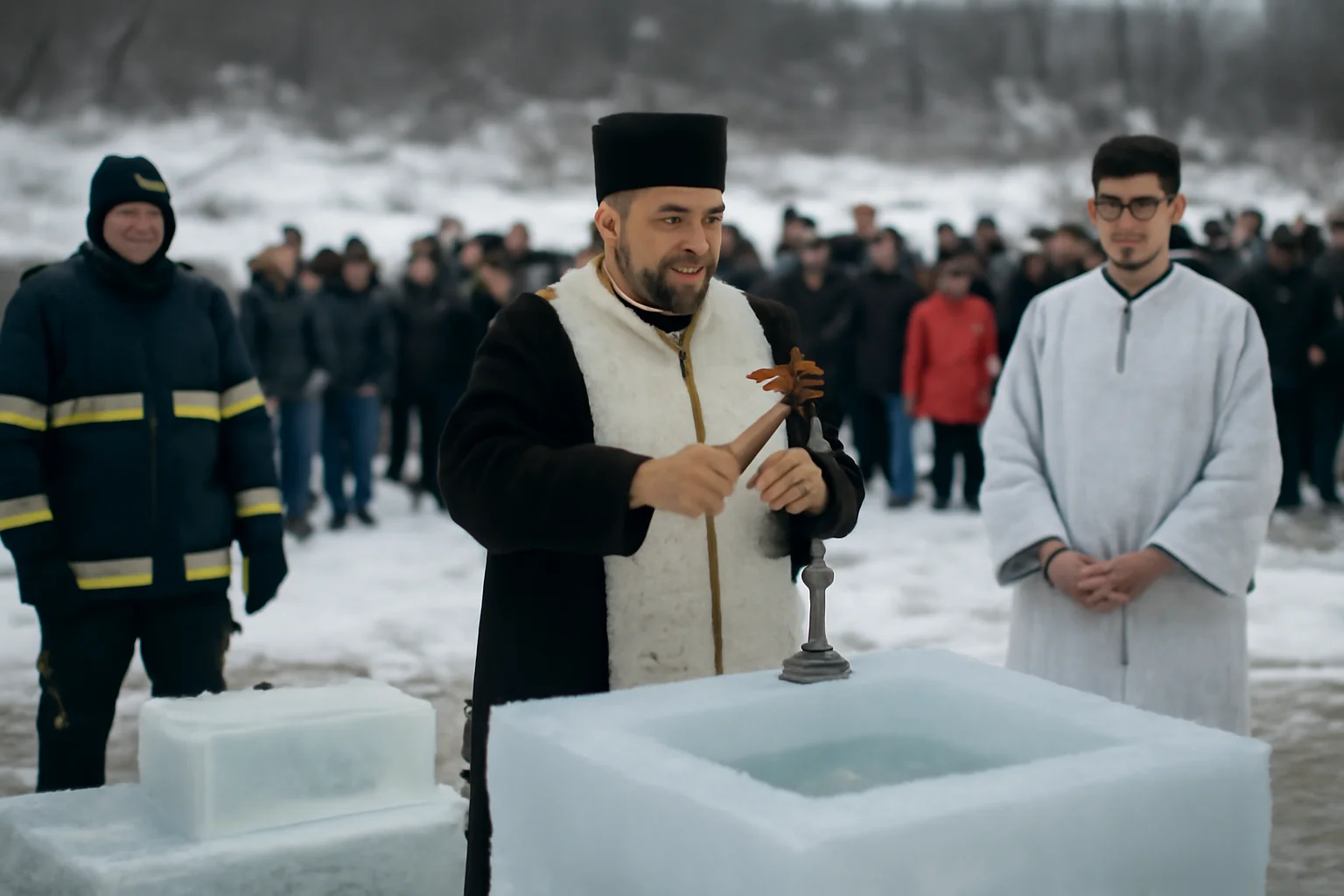 Slujbe de Bobotează la Bosanci, lângă Suceava, oficiate la altare din gheață