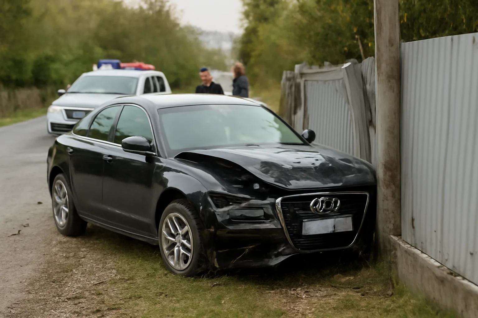 Șofer urmărit de poliție lovește cu un Audi un gard în Stulpicani și fuge de la locul incidentului
